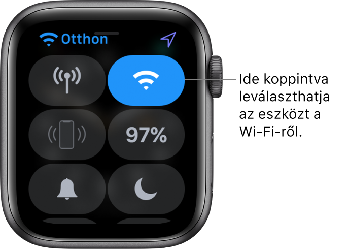 A Vezérlőközpont az Apple Watchon (GPS + Cellular), a jobb felső részen a Wi-Fi gombbal. A képaláírás szövege „Koppintson a Wi-Fi bontásához”.