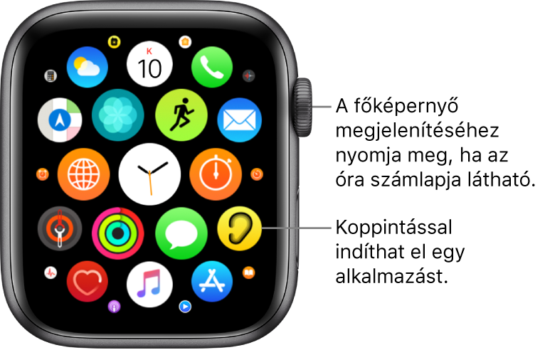 Az Apple Watch Főképernyője rácsnézetben az alkalmazások egy csoportjával. Az alkalmazás megnyitásához koppintson rá. Elhúzással további alkalmazásokat jeleníthet meg.