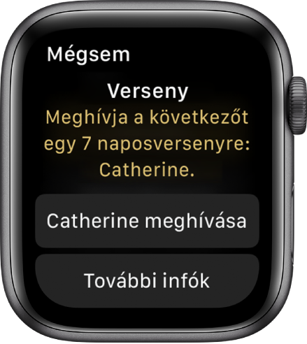 A Versenyzés képernyő „Verseny: Meghívja a következőt egy 7 napos versenyre: Catherine.” Két gomb jelenik meg alul. Az első: „Catherine meghívása”, a második: „További információk”.