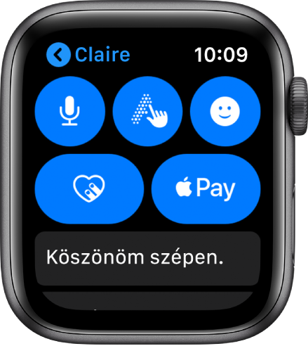 Az Üzenetek képernyő jobbra lent az Apple Pay gombbal.