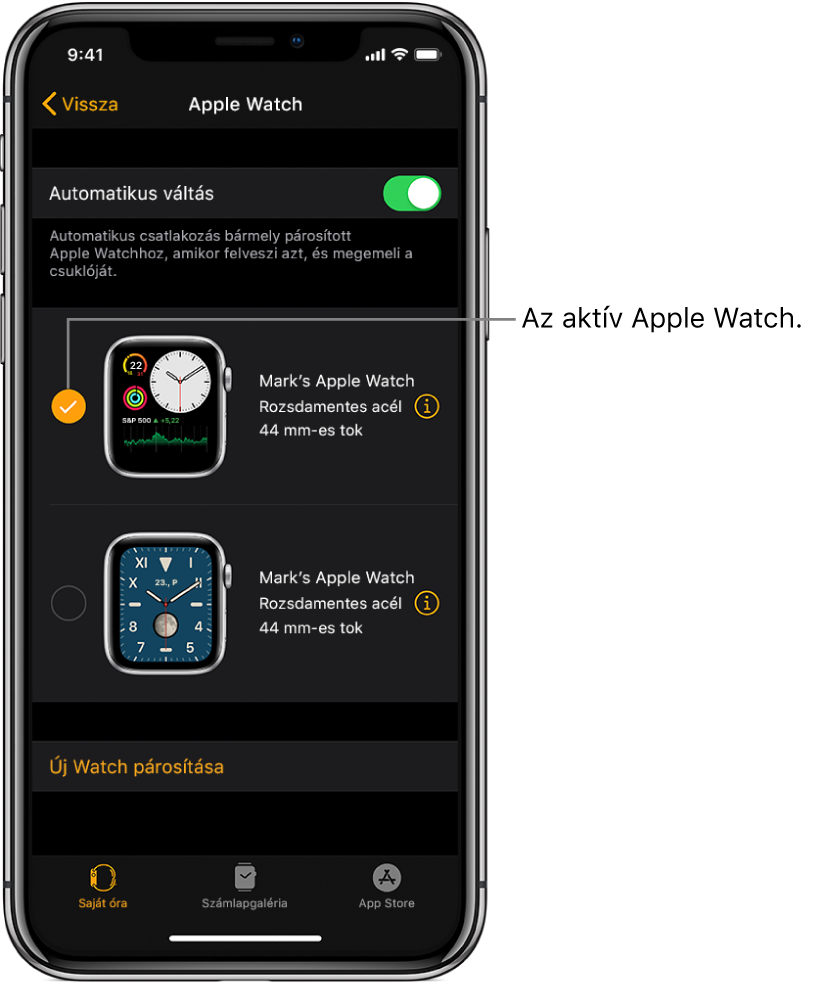 A pipajel az aktív Apple Watchot jelöli.