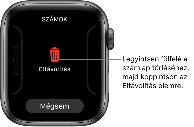 Az Apple Watch képernyője az Eltávolítás és a Mégsem gombokkal; a gombok akkor jelennek meg, ha egy óraszámlaphoz legyint, majd azon fölfelé legyint, hogy törölje.