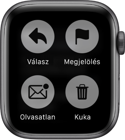 Ha megnyomja a kijelzőt, miközben egy üzenetet tekint meg az Apple Watchon, négy gomb jelenik meg a képernyőn: Válasz, Jelölés, Olvasatlan és Kuka.