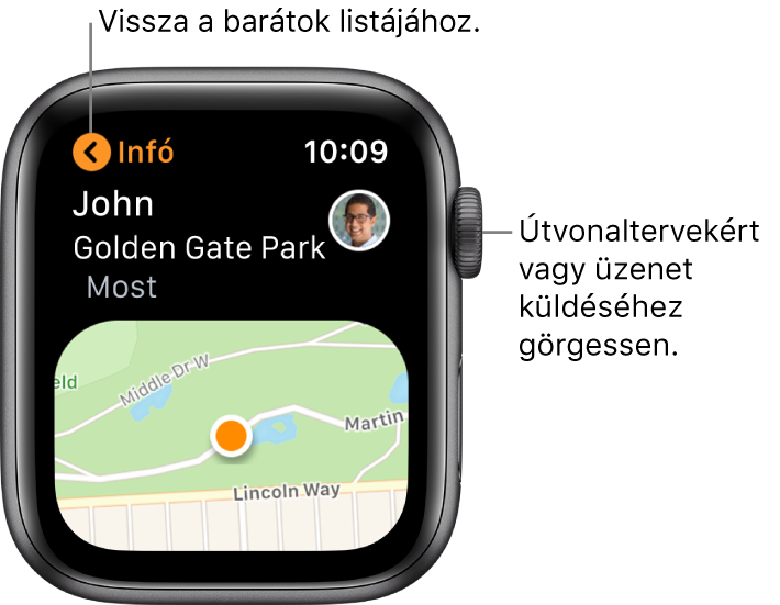 A képernyőn látható a barát helye, a távolsággal és a térképi helyzetével együtt.