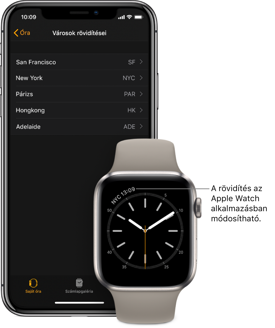 iPhone és az Apple Watch egymás mellett. Az Apple Watch képernyője, amelyen a New York-i pontos idő látható (New Yorkot a NYC rövidítés jelöli). Az iPhone képernyőjén a városok listája látható a Városok rövidítése alatt, amely az Apple Watch alkalmazás Óra beállításaiban érhető el.