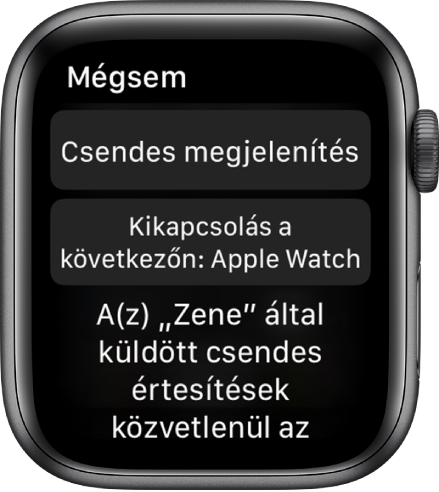 Értesítési beállítások az Apple Watchon. Fent látható a „Kiemelt kézbesítés” gomb, alul pedig a „Kikapcsolás az Apple Watchon” gomb.