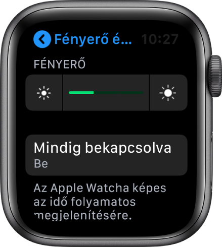Az Apple Watch képernyője; a Fényerő és szövegméret képernyőjén a Mindig bekapcsolva gomb látható.
