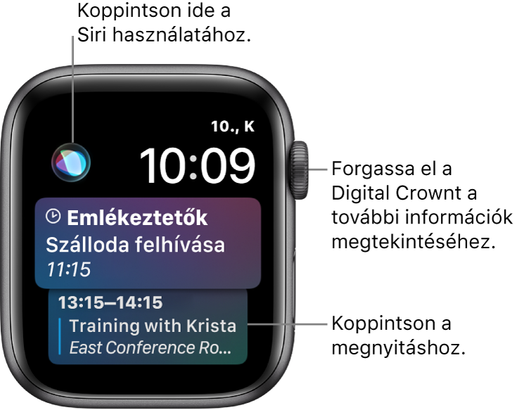 A Siri óraszámlap emlékeztetővel és naptáreseménnyel. A képernyő bal felső részén egy Siri gomb található. A képernyő jobb felső részén jelenik meg a dátum és az idő.