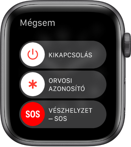 Az Apple Watch képernyője, három csúszkával: Kikapcsolás, Orvosi azonosító és Segélyhívás SOS.