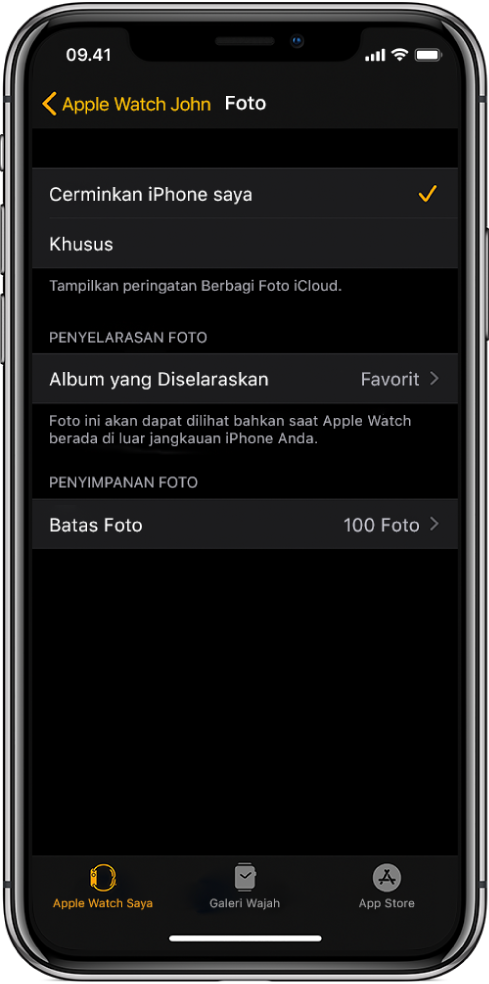 Pengaturan Foto di app Apple Watch pada iPhone, dengan pengaturan Album yang Diselaraskan di bagian tengah, dan pengaturan Batas Foto di bawahnya.