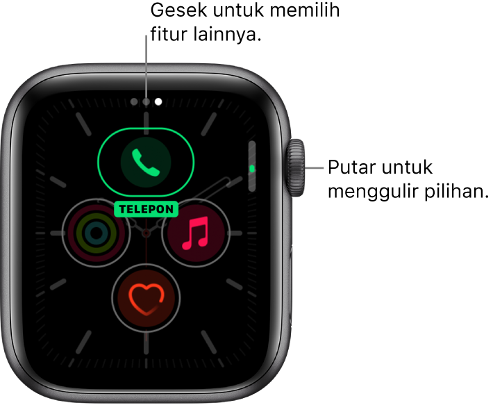 Layar penyesuaian untuk wajah jam Meridian dengan komplikasi Telepon yang disorot. Putar Digital Crown untuk mengubah pilihan.