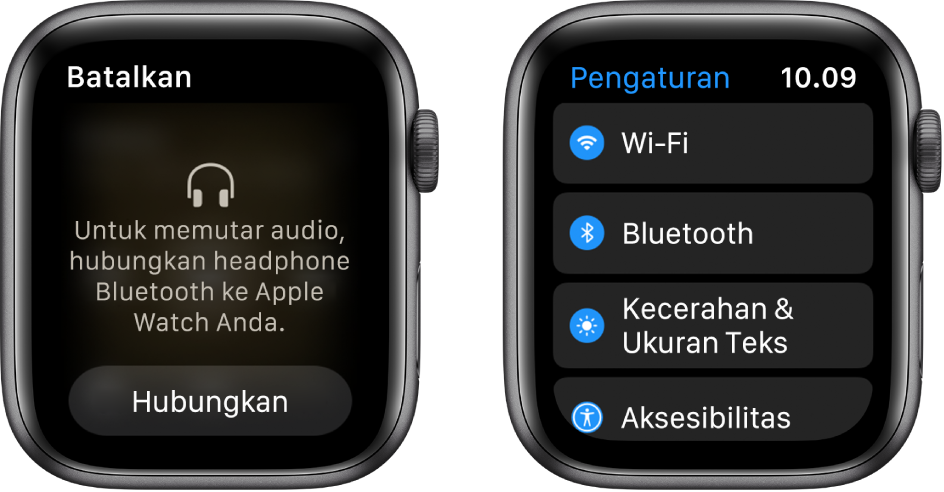 Jika Anda mengalihkan sumber audio ke Apple Watch sebelum memasangkan speaker atau headphone Bluetooth, Perangkat tombol Hubungkan Perangkat akan muncul di bagian bawah layar yang akan mengalihkan Anda ke pengaturan Bluetooth di Apple Watch, di mana Anda dapat menambahkan perangkat mendengarkan.