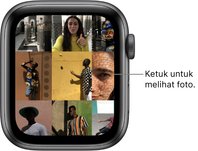 Layar utama app Foto di Apple Watch, dengan beberapa foto yang ditampilkan dalam grid.