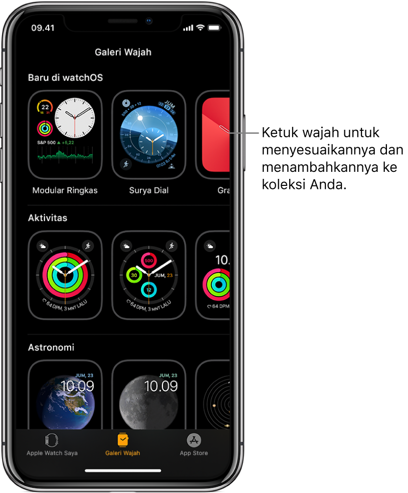 App Apple Watch dibuka ke Galeri Wajah. Baris atas menampilkan wajah baru, baris berikutnya menampilkan wajah jam yang dikelompokkan menurut jenis—Aktivitas dan Astronomi, misalnya. Anda dapat menggulir untuk melihat lebih banyak wajah yang dikelompokkan menurut jenis.