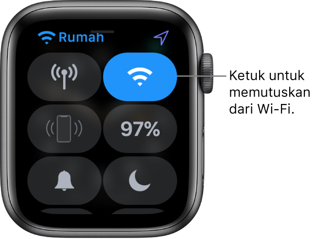 Pusat Kontrol di Apple Watch (GPS + Cellular), dengan tombol Wi-Fi di kanan atas. Callout bertuliskan “Ketuk untuk memutuskan dari Wi-Fi.”