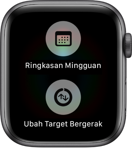 Layar app Aktivitas menampilkan tombol Ringkasan Mingguan dan tombol Ubah Target Bergerak.
