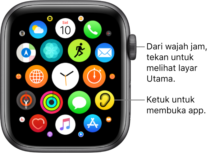 Layar Utama dalam tampilan grid di Apple Watch, dengan app dalam kumpulan. Ketuk app untuk membukanya. Gesek untuk melihat app lainnya.