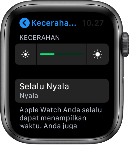Layar Apple Watch menampilkan tombol Selalu Nyala di layar Kecerahan dan Ukuran Teks.