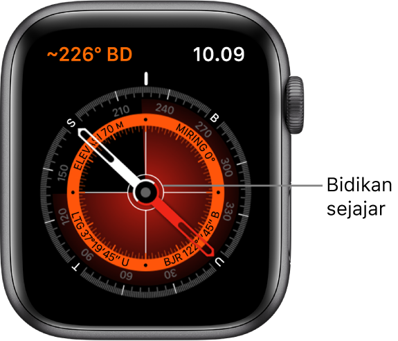 Kompas ini di wajah Apple Watch. Di kiri atas terdapat bearing. Lingkaran dalam menampilkan elevasi, kemiringan, garis lintang, dan garis bujur. Bidikan putih muncul menunjuk ke utara, selatan, timur, dan barat.