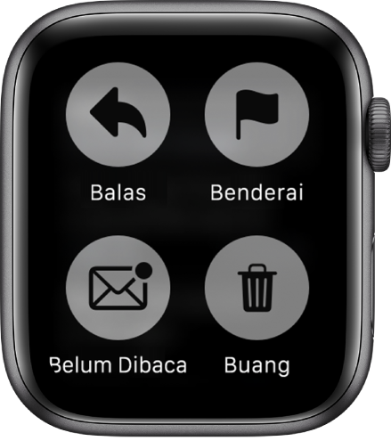 Saat menekan layar sambil melihat pesan di Apple Watch, empat tombol muncul pada layar: Balas, Bendera, Belum Dibaca, dan Tong Sampah.