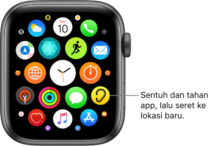 Layar Utama Apple Watch dalam tampilan grid. Keterangan berbunyi “Sentuh dan tahan app, lalu seret ke lokasi baru.”