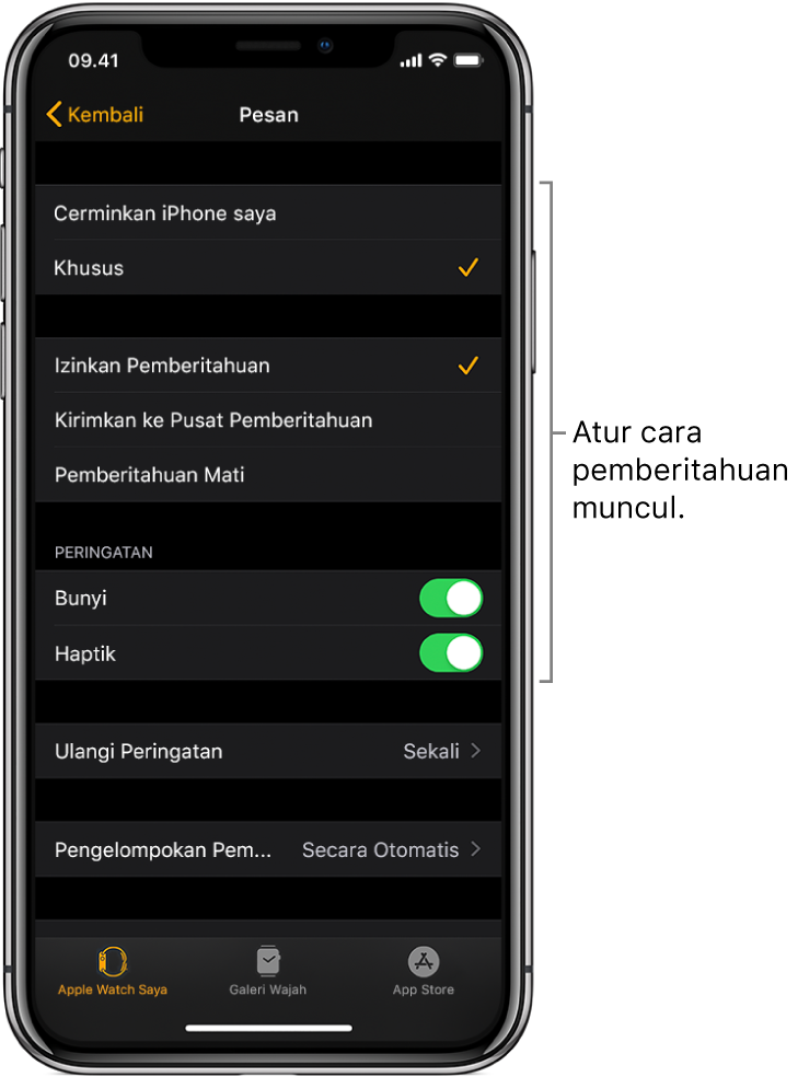 Pengaturan Pesan di app Apple Watch pada iPhone. Anda dapat memilih untuk menampilkan peringatan, menyalakan bunyi, menyalakan haptik, dan mengulangi peringatan.