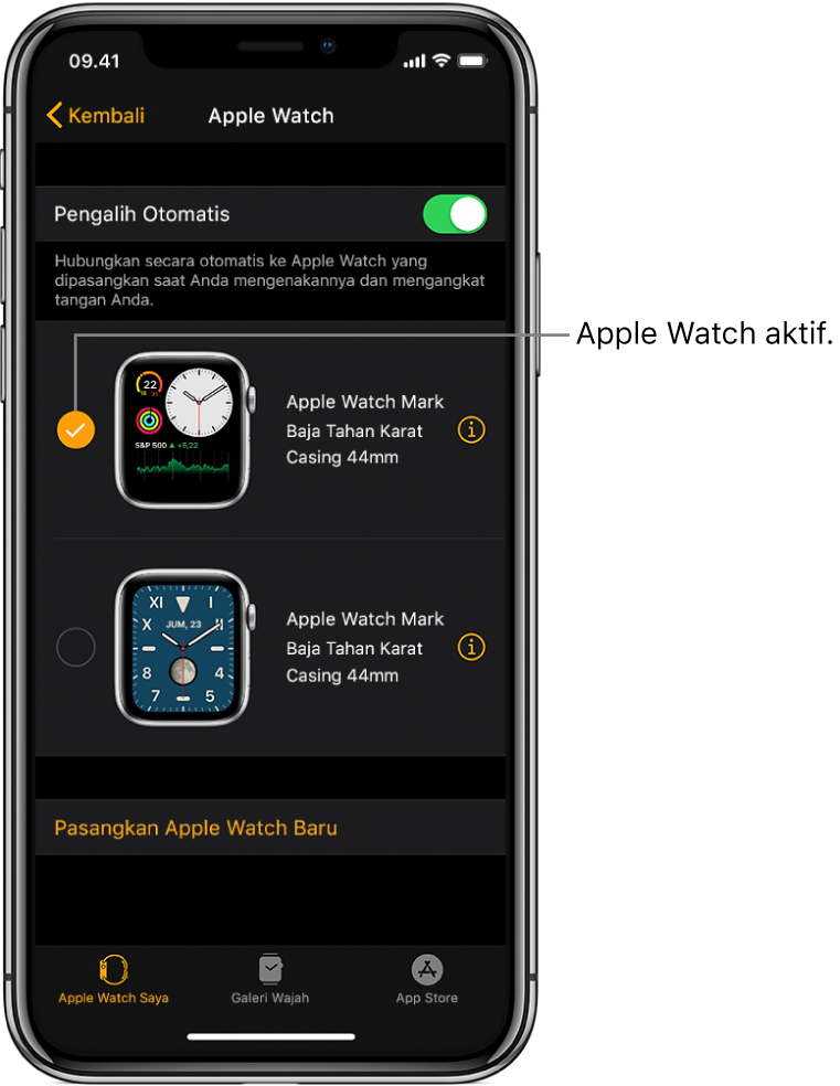 Tanda centang menampilkan Apple Watch yang aktif.