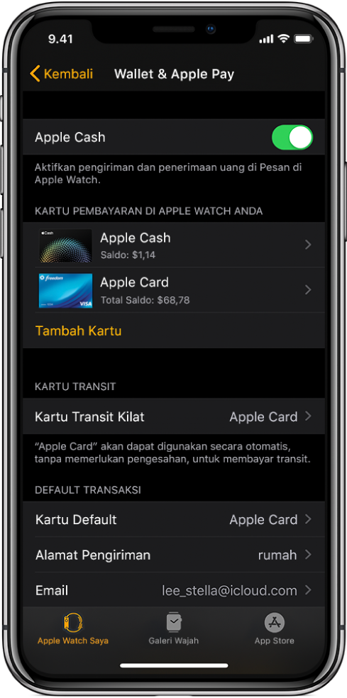 Layar Wallet & Apple Pay di app Apple Watch di iPhone. Layar menampilkan kartu yang ditambahkan ke Apple Watch, kartu yang telah Anda pilih untuk transit kilat, dan pengaturan default transaksi.