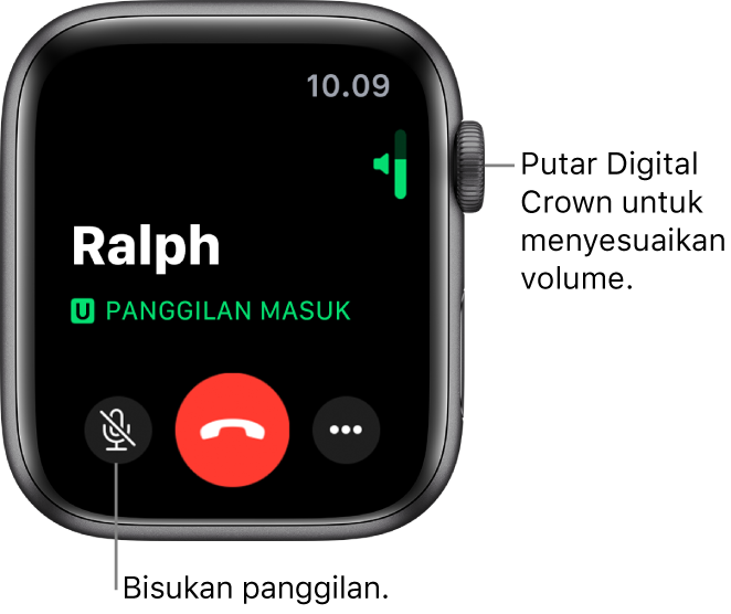 Selama panggilan telepon masuk, layar akan menampilkan indikator volume horizontal di kanan atas, tombol Bisukan di kiri bawah, tombol Tolak, dan tombol Pilihan Lainnya.