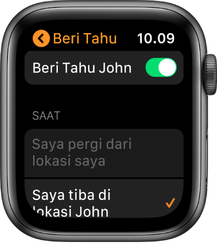 Layar Beri Tahu di app Cari Orang, Beri Tahu dinyalakan dan Saat saya tiba di lokasi John dipilih.