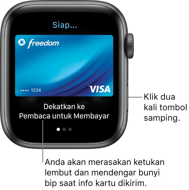 Layar Apple Pay dengan “Siap” di bagian atas dan “Dekatkan ke Pembaca untuk Membayar” di bagian bawah; Anda akan merasakan ketukan lembut dan mendengar bunyi bip saat info kartu Anda dikirim.