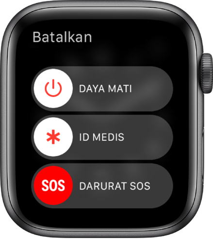 Layar Apple Watch menampilkan tiga penggeser: Daya Mati, ID Medis, dan Darurat SOS.