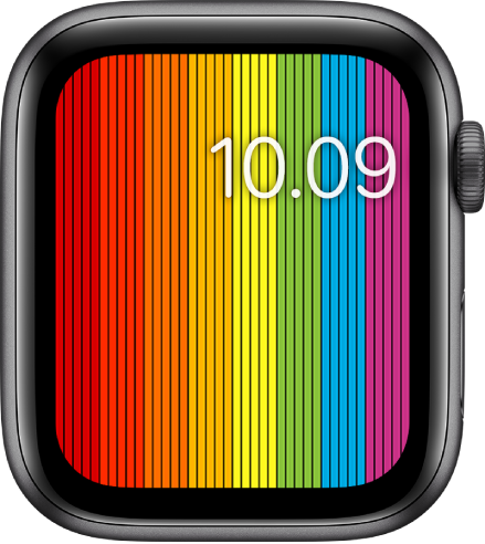 Wajah jam Pride Digital menampilkan garis pelangi vertikal dengan waktu di kanan atas.