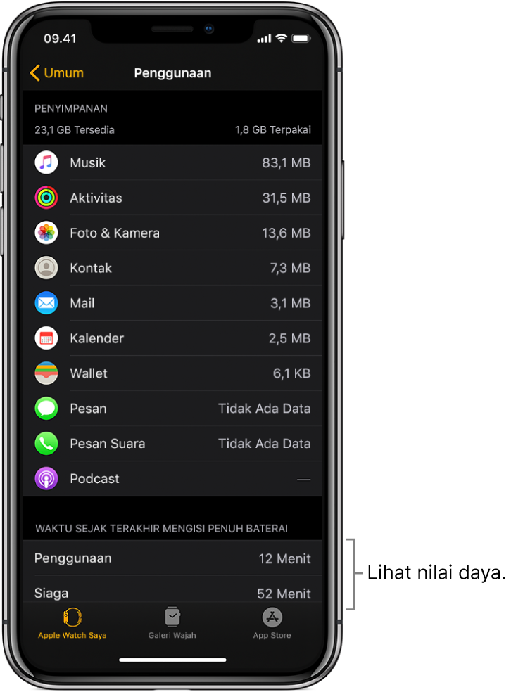 Pada layar Penggunaan di app Apple Watch, lihat nilai daya untuk Penggunaan, Siaga, dan Cadangan Daya di setengah bagian bawah layar.