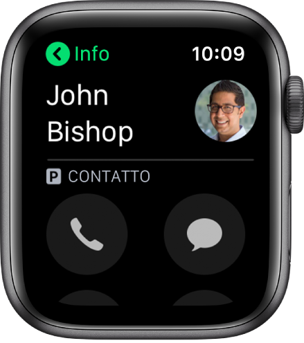Una schermata di Telefono che mostra un contatto e i pulsanti Chiama e Messaggio.