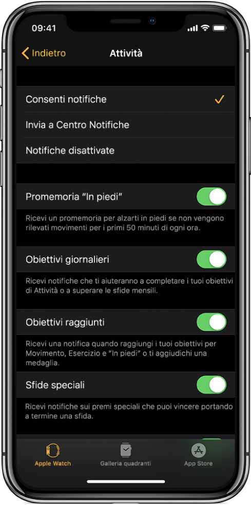 La schermata di Attività nell’app Watch ti consente di personalizzare le notifiche che vuoi ricevere.