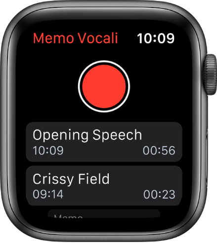 Apple Watch che mostra la schermata di Memo vocali. In alto è presente un pulsante rosso Registra. Sotto sono presenti due memo registrati. Mostrano quando sono stati registrati e la loro durata.