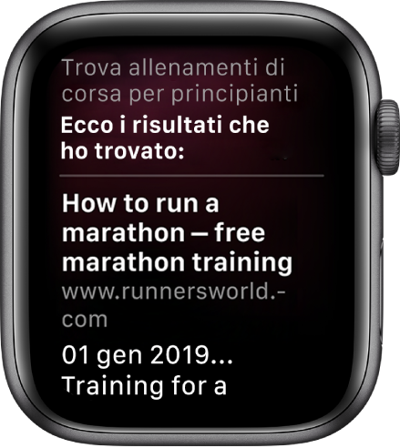 Siri che risponde alla domanda “Qual è un buon piano di allenamento per maratona per principianti?” con risposte dal web.