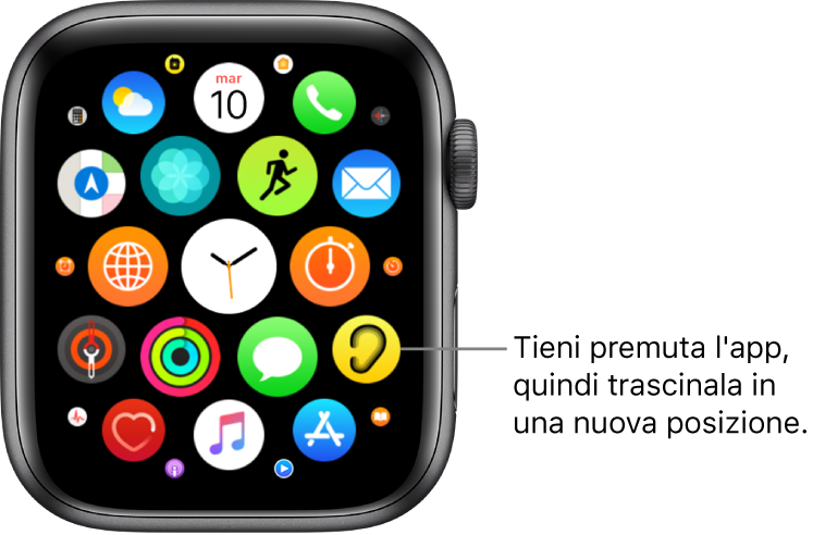 Schermata Home di Apple Watch in vista griglia. La didascalia riporta “Tieni premuta un’app, quindi trascinala in una nuova posizione”.