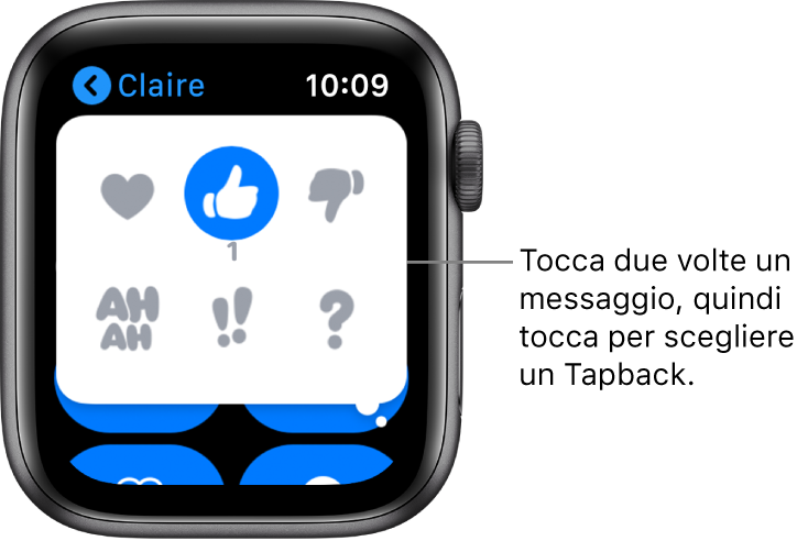 Una conversazione in Messaggi con opzioni Tapback: cuore, pollice verso l’alto, pollice verso il basso, AHAH, !! e ?.