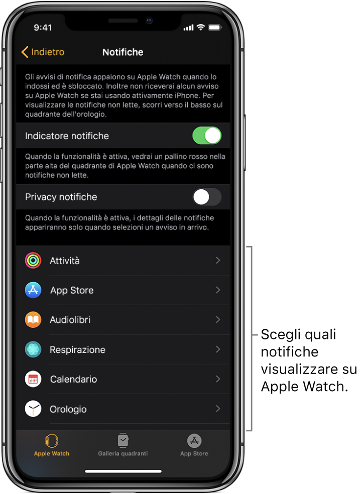 La schermata Notifiche nell'app Watch su iPhone che mostra la provenienza delle notifiche.