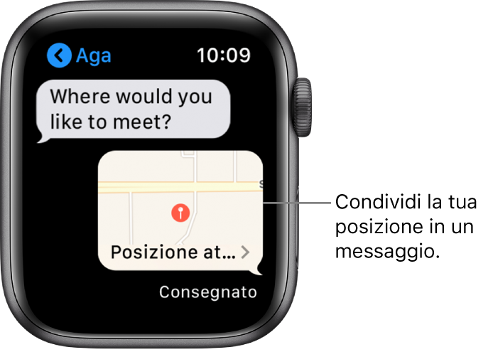 Schermata Messaggi mostrante una mappa della posizione del mittente.