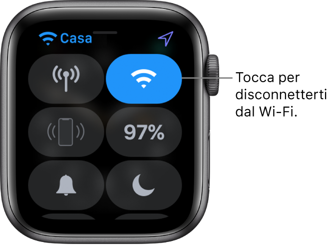 Centro di Controllo su Apple Watch (GPS + Cellular), con il pulsante Wi-Fi in alto a destra. Grafico con dicitura “Tocca per disconnettere dal Wi-Fi.”