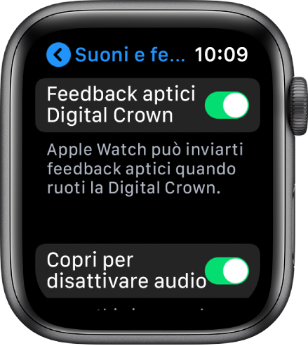 La schermata “Feedback aptici Digital Crown”, in cui viene mostrato che “Feedback aptici Digital Crown” è attivato.