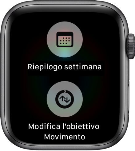 La schermata dell’app Attività, che mostra il pulsante “Riepilogo settimana” e il pulsante “Modifica l’obiettivo Movimento”.