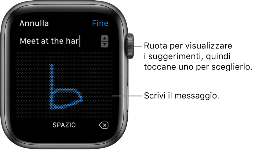 La schermata dove scrivi a mano un messaggio di risposta. Le opzioni di suggerimento del testo vengono visualizzate in alto mentre scrivi il messaggio al centro.