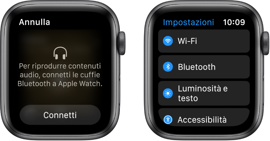 Se prima di abbinare gli altoparlanti o gli auricolari Bluetooth cambi la sorgente audio impostandola su Apple Watch, nella parte inferiore della schermata viene visualizzato il pulsante “Connetti un dispositivo”, che apre le impostazioni Bluetooth su Apple Watch; qui puoi aggiungere un dispositivo audio.