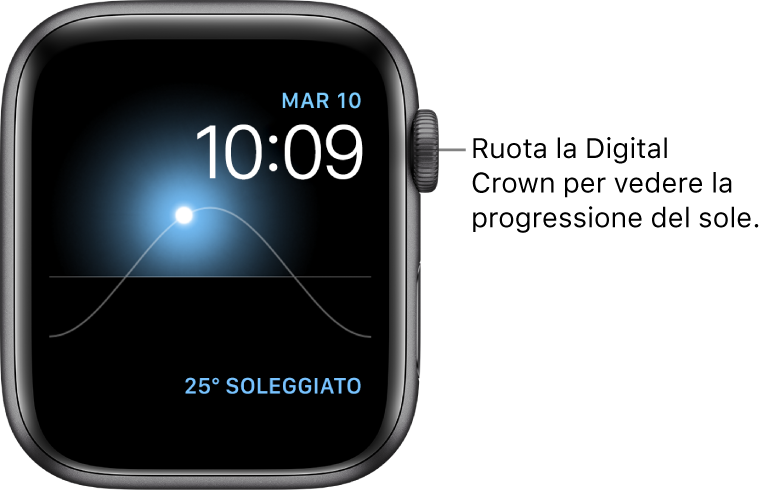 Il quadrante Solare visualizza informazioni sul giorno, la data e l’ora attuale che non possono essere modificate. In basso a destra è presente una complicazione Meteo. Ruota la Digital Crown per spostare il Sole nel cielo in corrispondenza del crepuscolo, dell’alba, dello zenit, del tramonto o della notte.