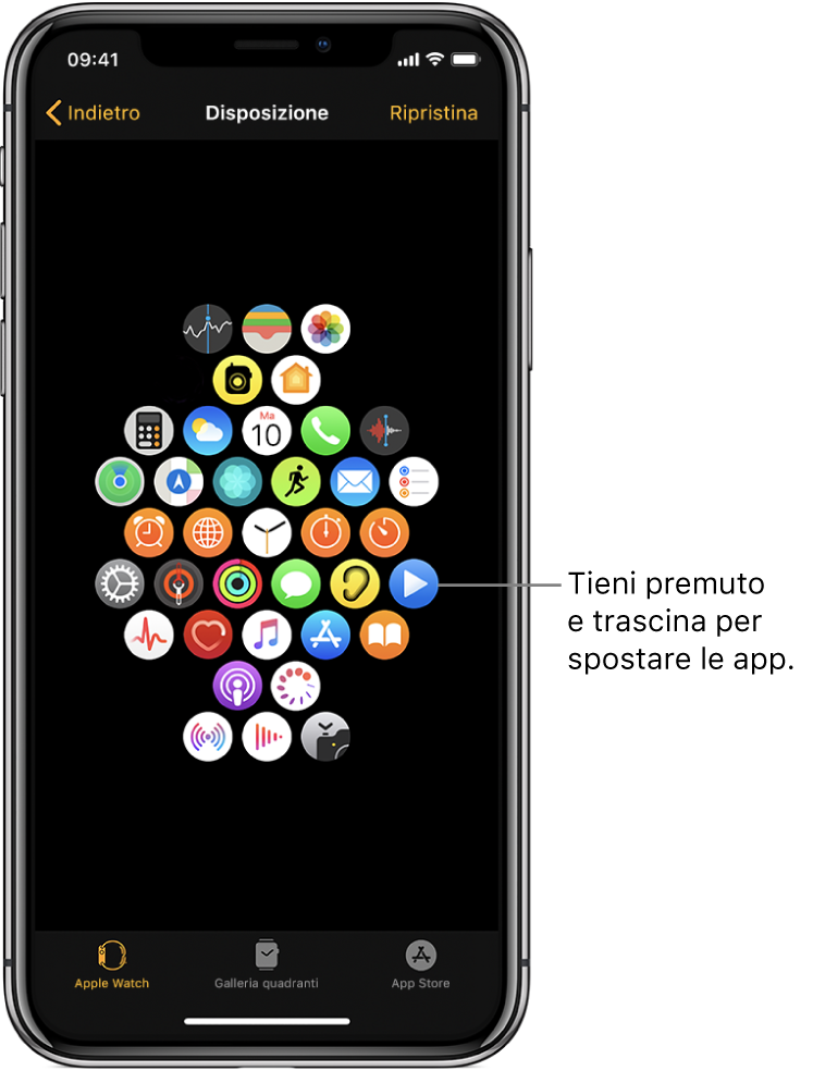 Una schermata dell’app Watch che mostra una griglia di icone. Una didascalia indica l’icona di un’app e dice: “Tieni premuto e trascina per spostare le app”.