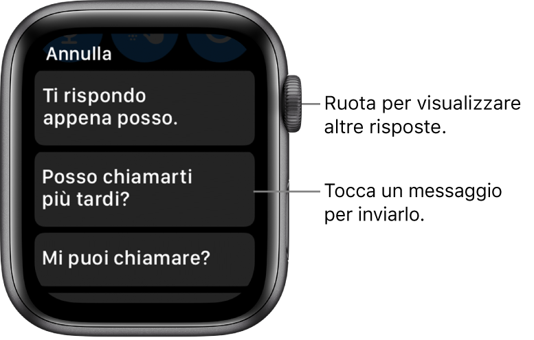 La schermata di Mail che mostra il pulsante Annulla in alto e tre risposte predefinite (“Ti rispondo appena posso.”, “Posso chiamarti più tardi?” e “Mi puoi chiamare?”).